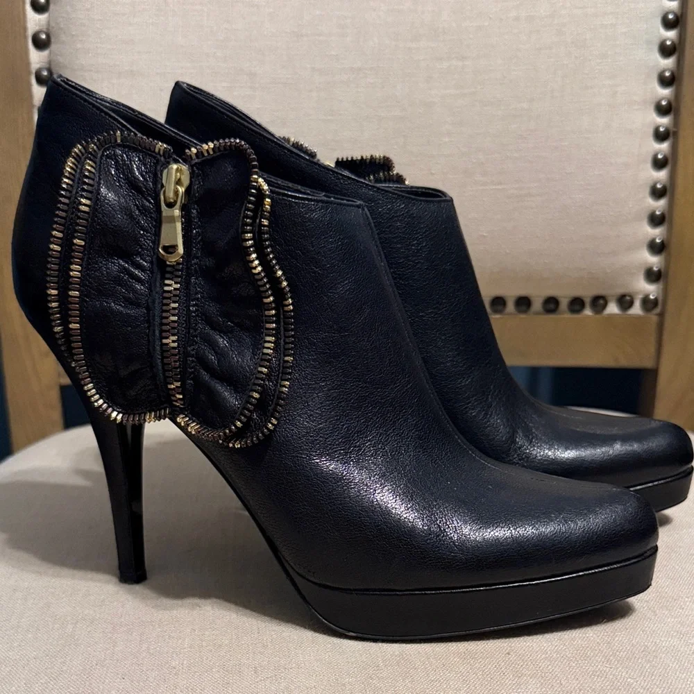 Juicy Couture Black Ankle Booties with Gold Accents, Size 10M